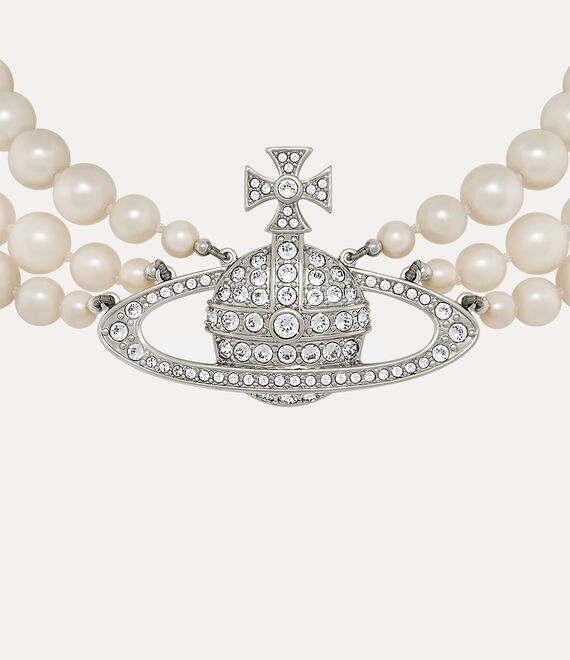 Vivienne Westwood Three Row Pearl Bas Relief Choker in PLATINUM/PEARL/CRYSTAL